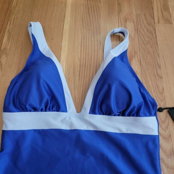 DKNY Plunging Colorblocked One-Piece Swimsuit Blue Size 12 - Picture 8 of 13